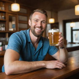 A cheerful man sitting at a wooden bar counter, enthusiastically drinking his frothy cold beer from a tall glass.