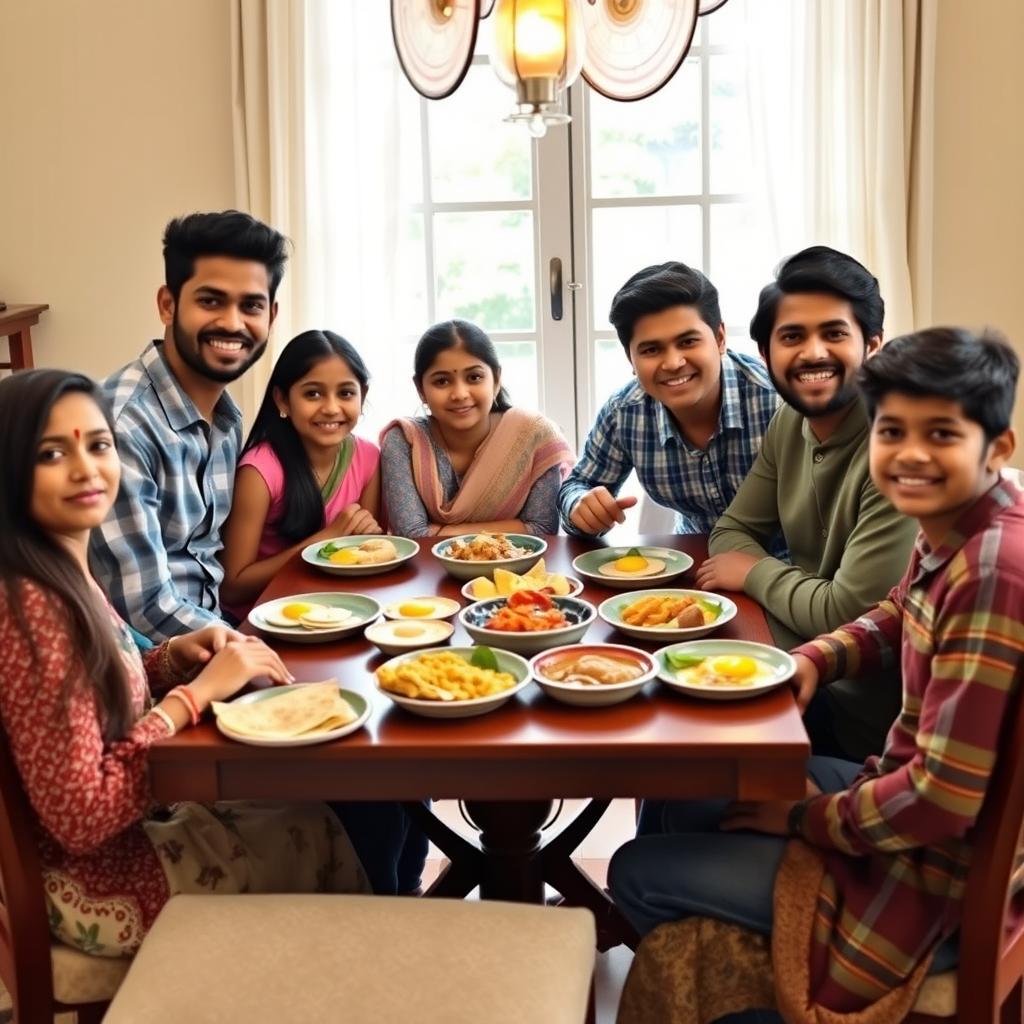 A lively breakfast scene featuring a family of five adult siblings and one sister-in-law around a cozy dining table