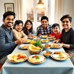 A lively breakfast scene featuring a family of five adult siblings and one sister-in-law around a cozy dining table