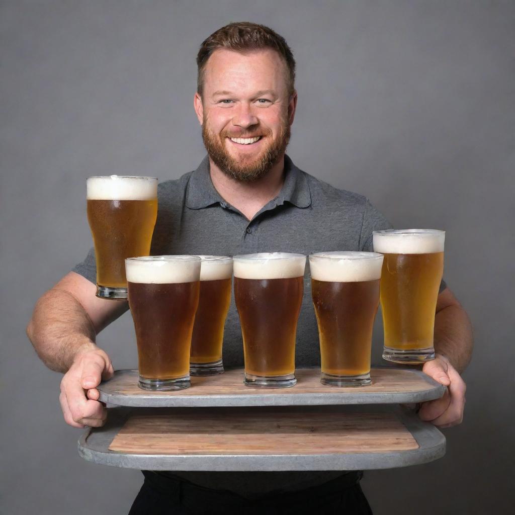 A strong man, lively, is balancing multiple frosty pints of beer on serving trays held in both hands, his capacity notable.