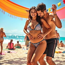 Kriti Sanon in a stylish bikini that beautifully highlights her cleavage, dancing joyfully at a vibrant beach party