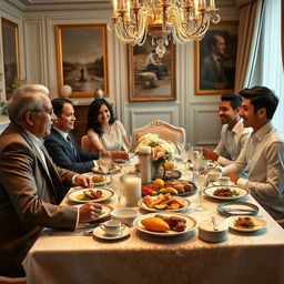 A luxurious breakfast scene capturing a wealthy family of five adult siblings and one sister-in-law at a beautifully set dining table