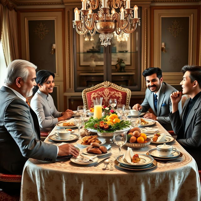 A luxurious breakfast scene capturing a wealthy family of five adult siblings and one sister-in-law at a beautifully set dining table