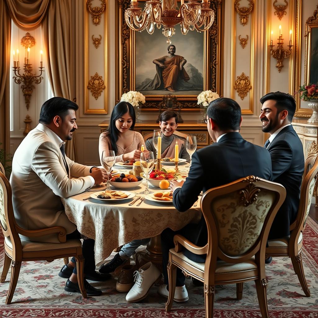 A luxurious breakfast scene capturing a wealthy family of five adult siblings and one sister-in-law at a beautifully set dining table