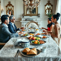 A luxurious breakfast scene capturing a wealthy family of five adult siblings and one sister-in-law at a beautifully set dining table