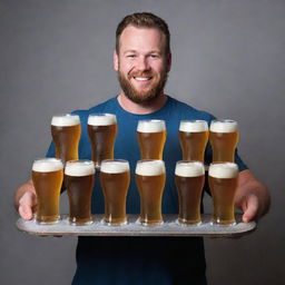 A strong man, lively, is balancing multiple frosty pints of beer on serving trays held in both hands, his capacity notable.