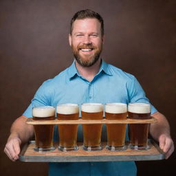 A strong man, lively, is balancing multiple frosty pints of beer on serving trays held in both hands, his capacity notable.