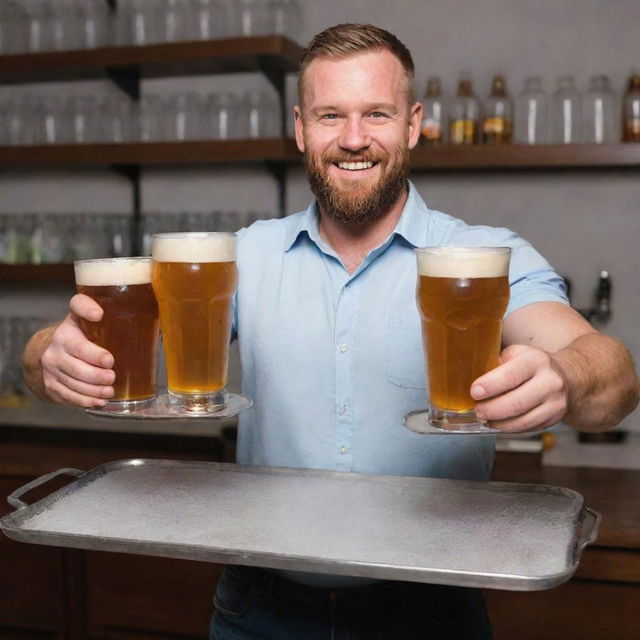 A strong man, lively, is balancing multiple frosty pints of beer on serving trays held in both hands, his capacity notable.