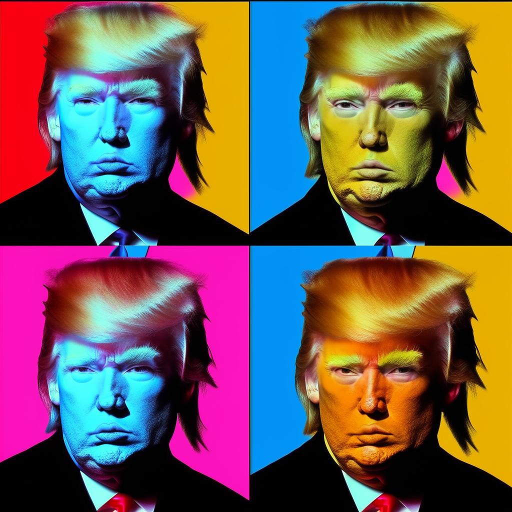 An Andy Warhol-inspired depiction of Donald Trump: four quadrants with different color schemes, highlighting pop-art aesthetic without any political implications.