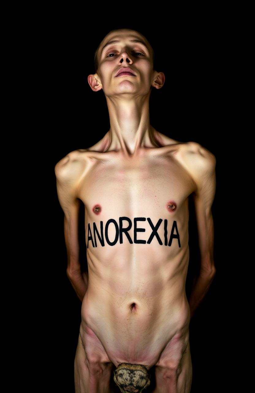 A striking image of an emaciated male body against a dark background, showcasing the stark reality of anorexia