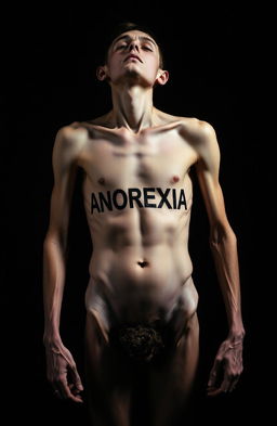 A striking image of an emaciated male body against a dark background, showcasing the stark reality of anorexia