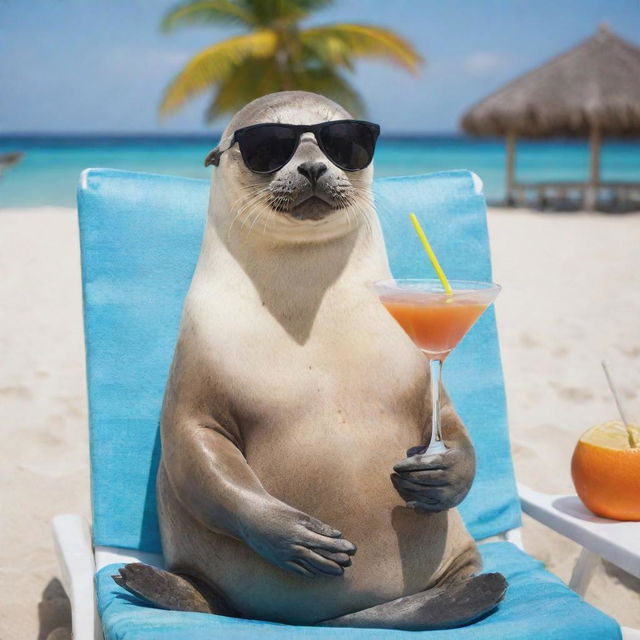 A stylish seal on vacation, lying relaxed on a beach chair, wearing cool sunglasses and holding a martini in its flipper.