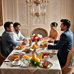 An elegant breakfast scene showcasing a wealthy family of five young adult siblings and one sister-in-law around a beautifully adorned dining table