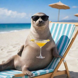 A stylish seal on vacation, lying relaxed on a beach chair, wearing cool sunglasses and holding a martini in its flipper.