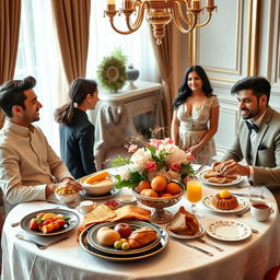 An elegant breakfast scene showcasing a wealthy family of five young adult siblings and one sister-in-law around a beautifully adorned dining table
