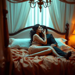 An artistic representation of Ruhi Singh, elegantly posed on a luxurious bed, radiating confidence and allure