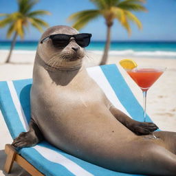 A stylish seal on vacation, lying relaxed on a beach chair, wearing cool sunglasses and holding a martini in its flipper.