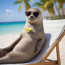 A stylish seal on vacation, lying relaxed on a beach chair, wearing cool sunglasses and holding a martini in its flipper.