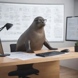 A quirky illustration of a seal in a sleek office environment, engaging in the role of a UX designer. It intently manipulates graphics on an oversized computer monitor with its flippers, wearing glasses and surrounded by design sketches and usability flowcharts.