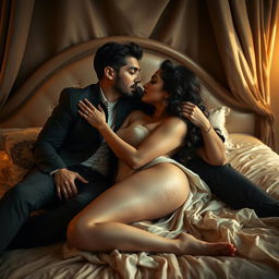 An artistic and sensual portrayal of Ruhi Singh, elegantly posed on a luxurious bed, exuding confidence and allure