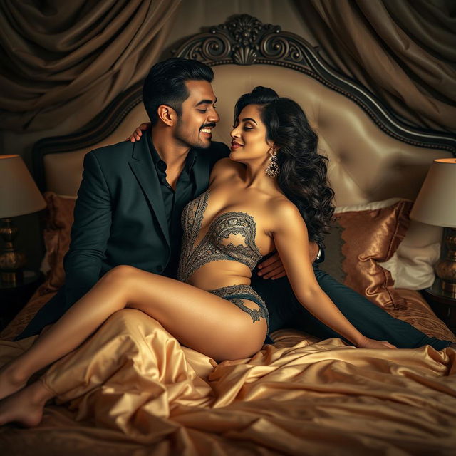 An artistic and sensual portrayal of Ruhi Singh, elegantly posed on a luxurious bed, exuding confidence and allure