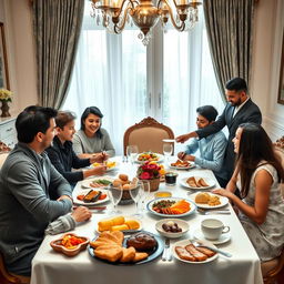 A vibrant breakfast scene showcasing a wealthy family of five young adult siblings and one sister-in-law gathered around an elegantly set dining table