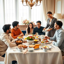 A vibrant breakfast scene showcasing a wealthy family of five young adult siblings and one sister-in-law gathered around an elegantly set dining table