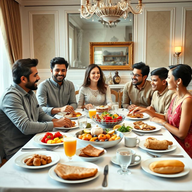 A vibrant breakfast scene showcasing a wealthy family of five young adult siblings and one sister-in-law gathered around an elegantly set dining table