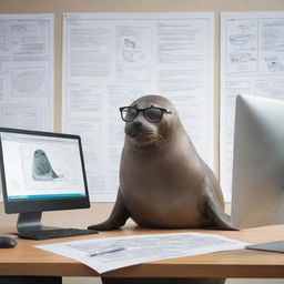 A quirky illustration of a seal in a sleek office environment, engaging in the role of a UX designer. It intently manipulates graphics on an oversized computer monitor with its flippers, wearing glasses and surrounded by design sketches and usability flowcharts.