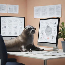 A quirky illustration of a seal in a sleek office environment, engaging in the role of a UX designer. It intently manipulates graphics on an oversized computer monitor with its flippers, wearing glasses and surrounded by design sketches and usability flowcharts.