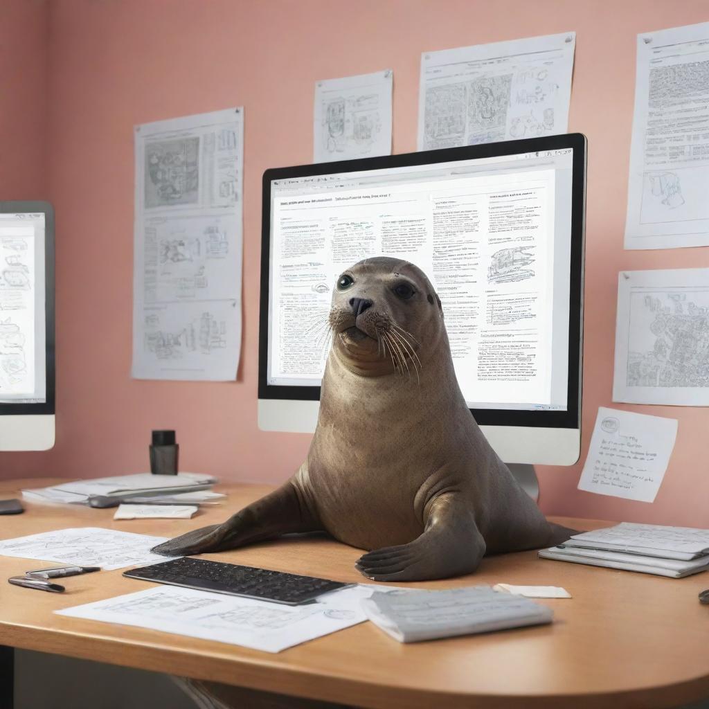 A quirky illustration of a seal in a sleek office environment, engaging in the role of a UX designer. It intently manipulates graphics on an oversized computer monitor with its flippers, wearing glasses and surrounded by design sketches and usability flowcharts.