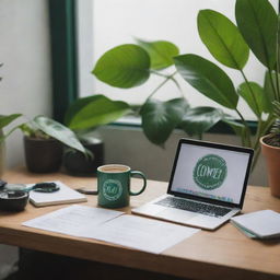 An evocative image of a creative seal immersed in its role as a UX designer. It adeptly uses a Macbook to craft a vibrant user interface design. A mug of steaming coffee sits nearby, with a large lush green plant adding a comforting backdrop.