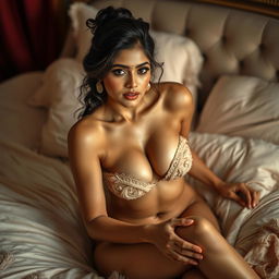 An artistic representation of Ruhi Singh exuding confidence in an intimate setting on a plush bed