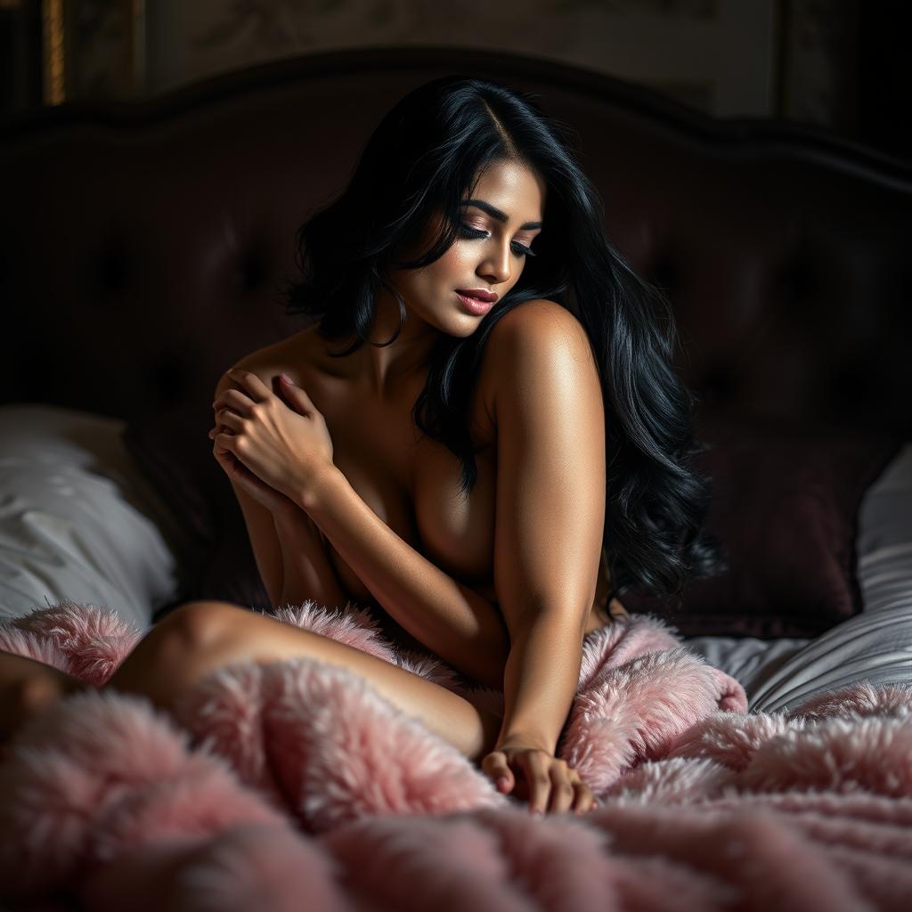 An artistic representation of Ruhi Singh exuding confidence in an intimate setting on a plush bed