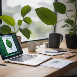 An evocative image of a creative seal immersed in its role as a UX designer. It adeptly uses a Macbook to craft a vibrant user interface design. A mug of steaming coffee sits nearby, with a large lush green plant adding a comforting backdrop.