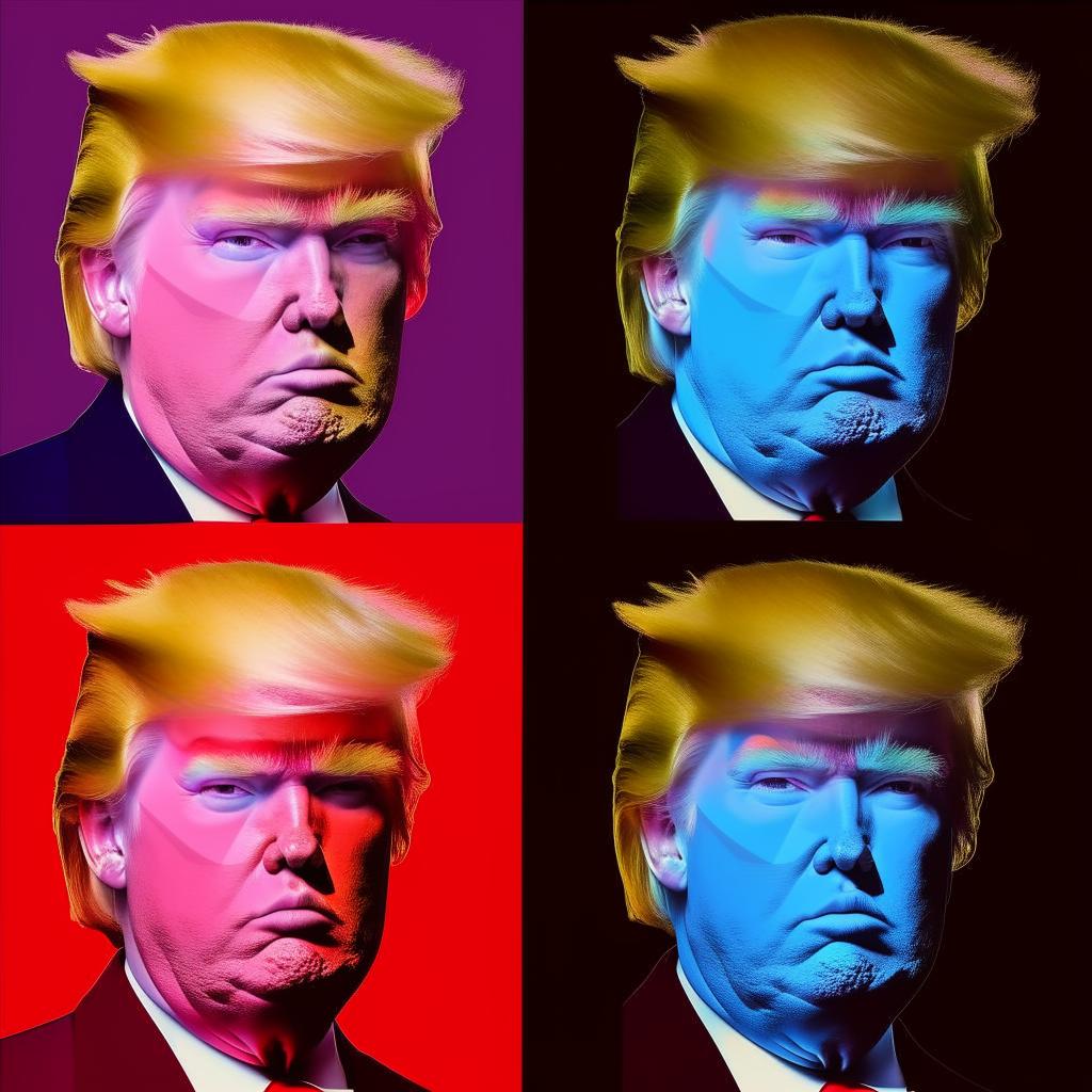 An Andy Warhol-inspired depiction of Donald Trump: four quadrants with different color schemes, highlighting pop-art aesthetic without any political implications.