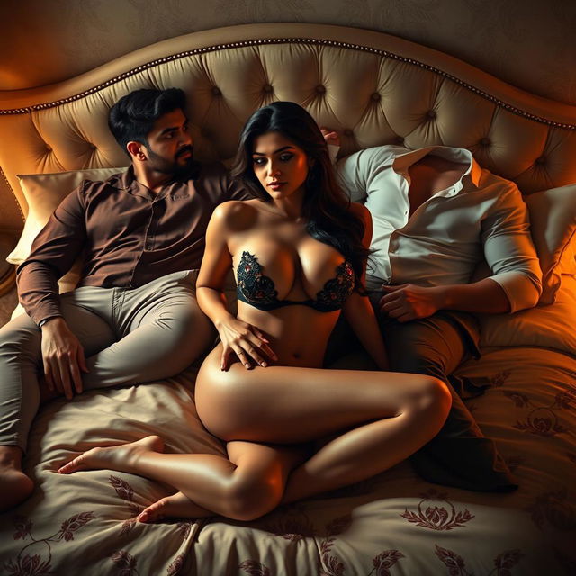 An artistic representation of Ruhi Singh in a confident and alluring pose on a plush bed, depicted in a sensual yet tasteful manner