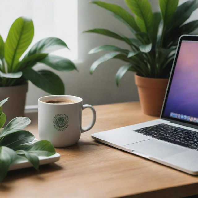 An evocative image of a creative seal immersed in its role as a UX designer. It adeptly uses a Macbook to craft a vibrant user interface design. A mug of steaming coffee sits nearby, with a large lush green plant adding a comforting backdrop.