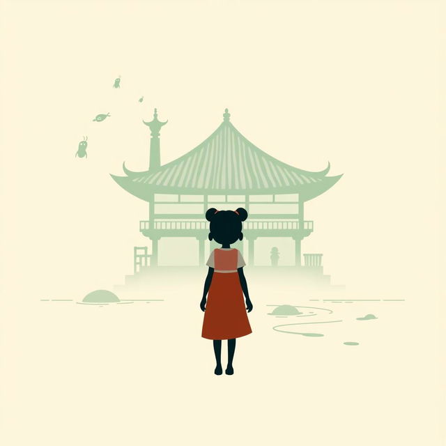 A minimalistic poster inspired by Spirited Away featuring a silhouette of Chihiro standing in front of the iconic Bathhouse, with simple lines outlining the structure against a soft pastel background