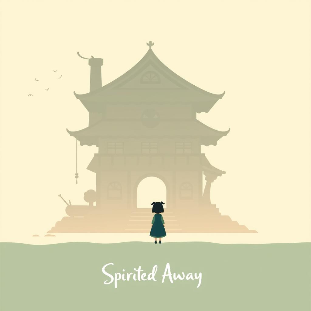 A minimalistic poster inspired by Spirited Away featuring a silhouette of Chihiro standing in front of the iconic Bathhouse, with simple lines outlining the structure against a soft pastel background