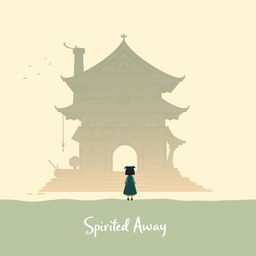 A minimalistic poster inspired by Spirited Away featuring a silhouette of Chihiro standing in front of the iconic Bathhouse, with simple lines outlining the structure against a soft pastel background