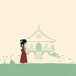 A minimalistic poster inspired by Spirited Away featuring a silhouette of Chihiro standing in front of the iconic Bathhouse, with simple lines outlining the structure against a soft pastel background