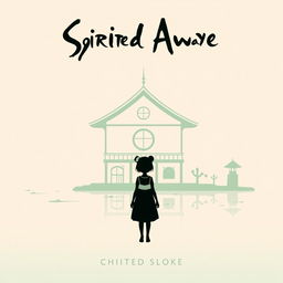 A minimalistic poster inspired by Spirited Away featuring a silhouette of Chihiro standing in front of the iconic Bathhouse, with simple lines outlining the structure against a soft pastel background