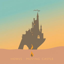 A minimalistic poster inspired by Howl's Moving Castle, featuring an elegant silhouette of the moving castle against a gradient sky transitioning from blue to soft orange