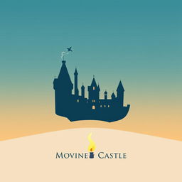 A minimalistic poster inspired by Howl's Moving Castle, featuring an elegant silhouette of the moving castle against a gradient sky transitioning from blue to soft orange