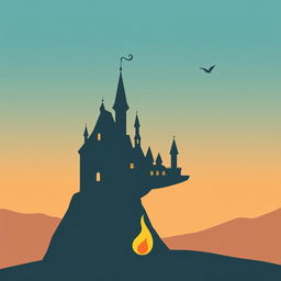 A minimalistic poster inspired by Howl's Moving Castle, featuring an elegant silhouette of the moving castle against a gradient sky transitioning from blue to soft orange