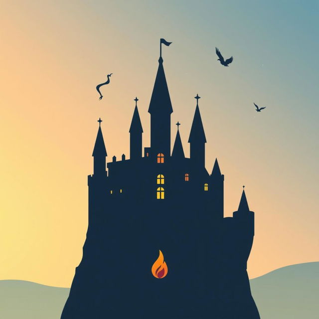 A minimalistic poster inspired by Howl's Moving Castle, featuring an elegant silhouette of the moving castle against a gradient sky transitioning from blue to soft orange