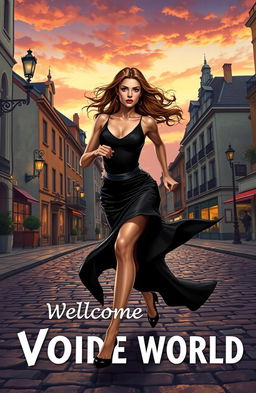 A beautiful lady dressed in a sleek black dress, running confidently along cobblestone roads in a picturesque European city
