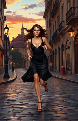 A beautiful lady dressed in a sleek black dress, running confidently along cobblestone roads in a picturesque European city