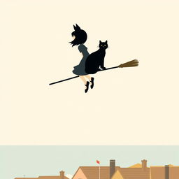 A minimalistic poster inspired by Kiki's Delivery Service, featuring a simple silhouette of Kiki riding her broomstick high above the quaint seaside town